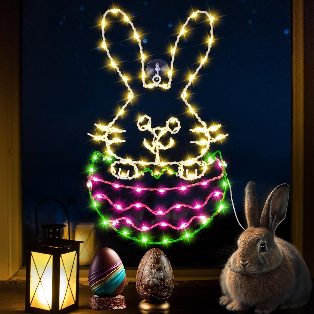 16" Easter Egg Bunny Window Lights, Easter Silhouette Light Decorations with 8 Lighting Modes Remote Control (AAA Battery) for Outdoor Indoor Easter Party, USB Plug Powered Lighting Decor